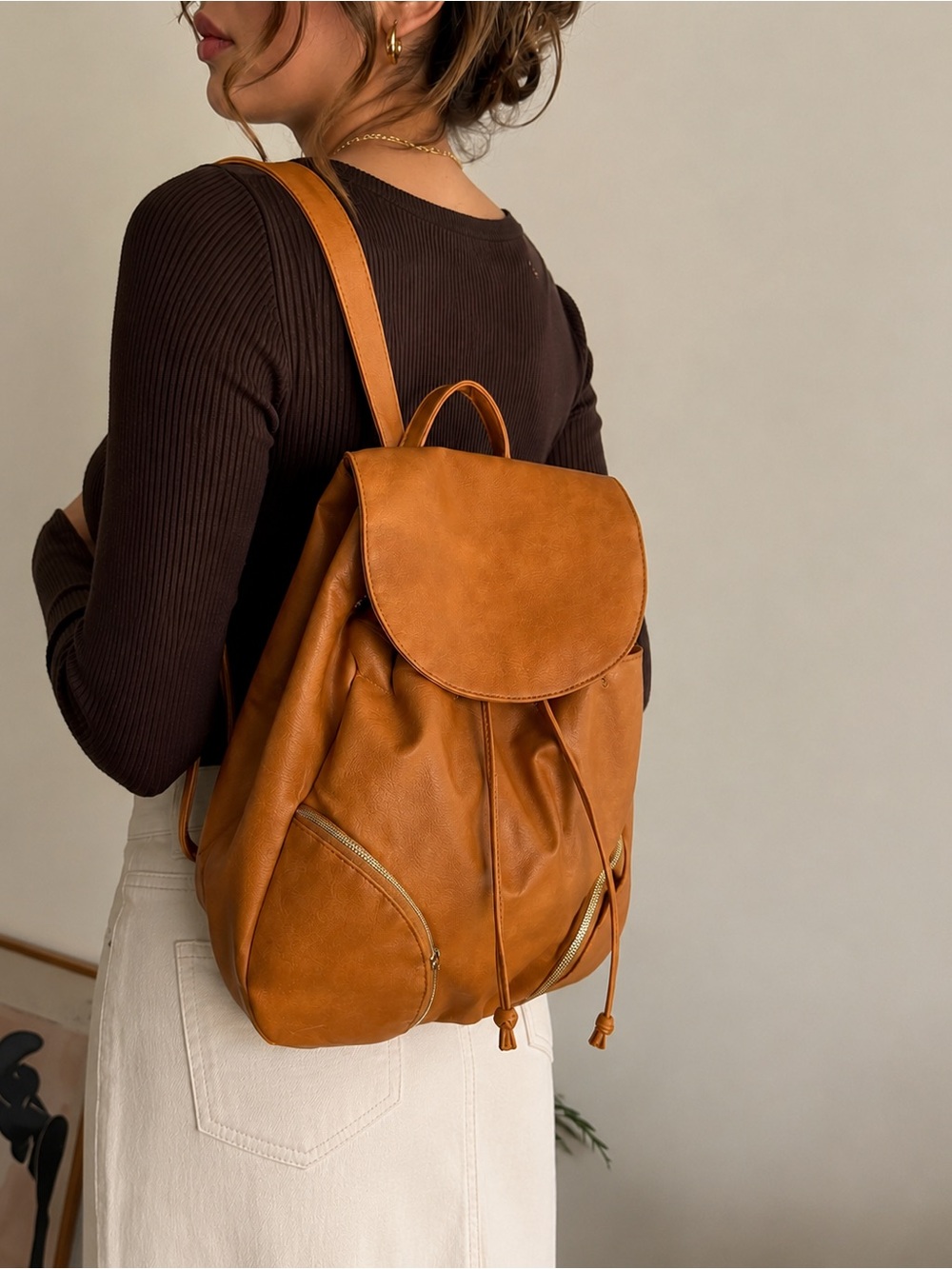 Boho Faux Leather Drawstring Backpack